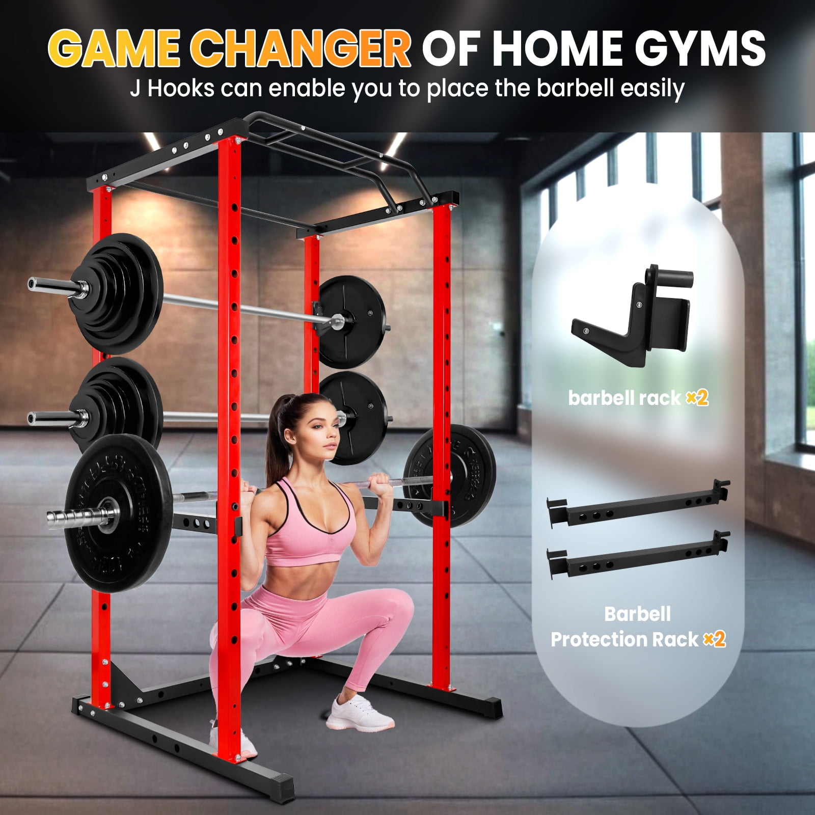 Multi-Function Squat Rack, 14-Hole Adjustable Barbell Rack, 1.8mm Thickened Steel Weight Rack for Home Gym Deep Squat