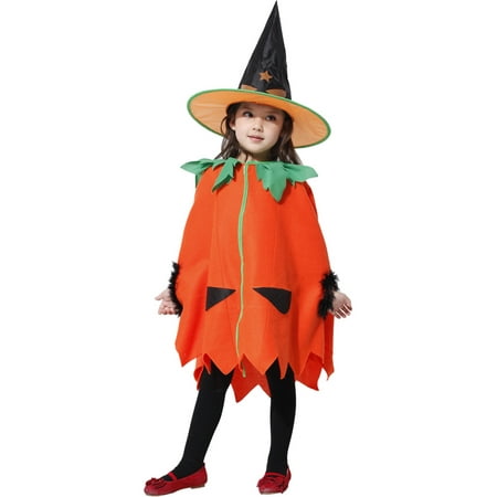 

CenturyX 2Pcs Kids Boys Girls Halloween Outfit Girls Pumpkin Full Zipper Cloak Fluffy Poncho Cape + Witch Hat for Cosplay Partywear Orange 5-6 Years