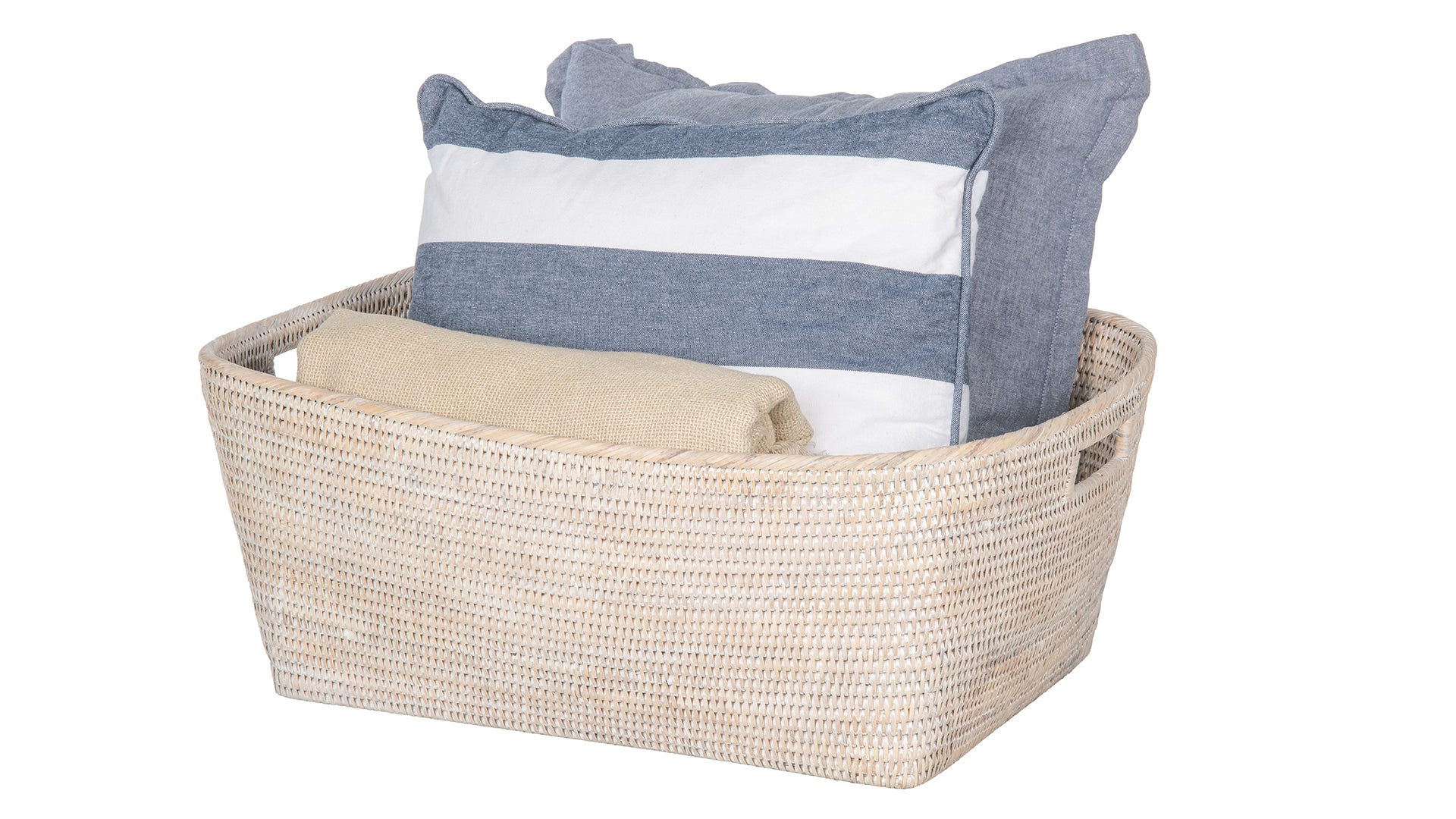 Kouboo La Jolla Oblong Storage Basket, Large, Wicker Basket, Decorative Storage, Rattan, Clear Lacquer Finish, White Wash