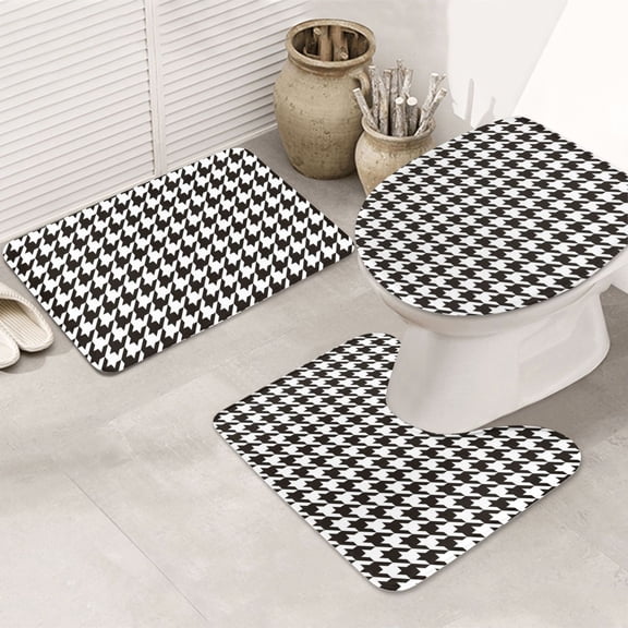 Bathroom Rugs Sets 3 Piece - Houndstooth Black And White Absorbent Non Slip Bath Mats, U-Shape Toilet Lid Cover, Contour Mat, Soft Washable Shower Mats Bath Rug Mat for Bathroom Tub Toilet