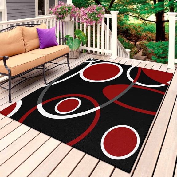 Black Red Outdoor Rug for Patio/Deck/Porch, Non-Slip Large Area Rug 5 x 8 Ft, White Circle Geometric Abstract Texture Indoor Outdoor Rugs Washable Area Rugs, Reversible Camping Rug Carpet Runner