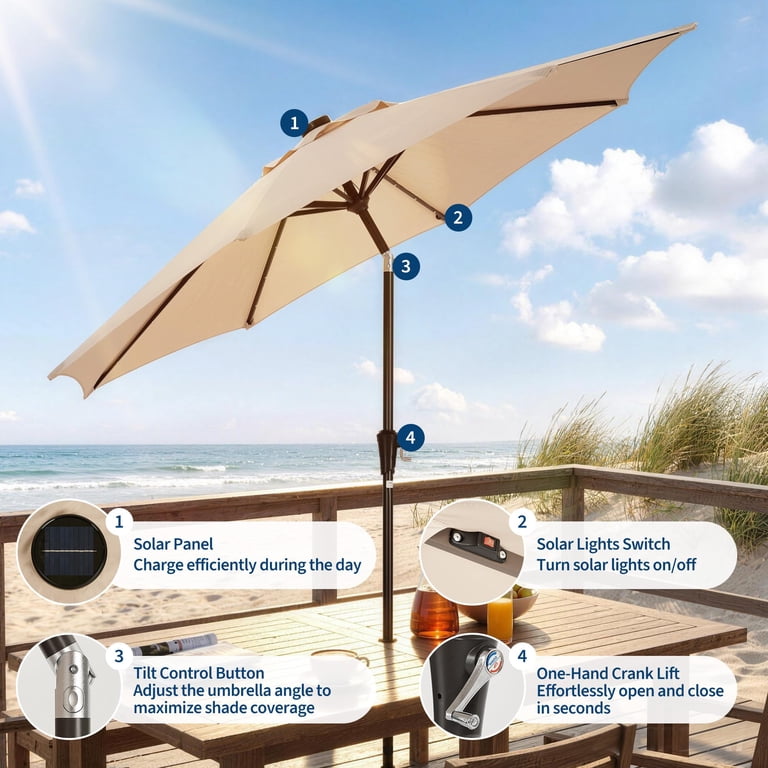 heavy duty solar patio umbrella 9 ft Scalloped Market Table Umbrella with 24 LED Lights-Beige Iron frame 10Ft Solar Powered LED Patio