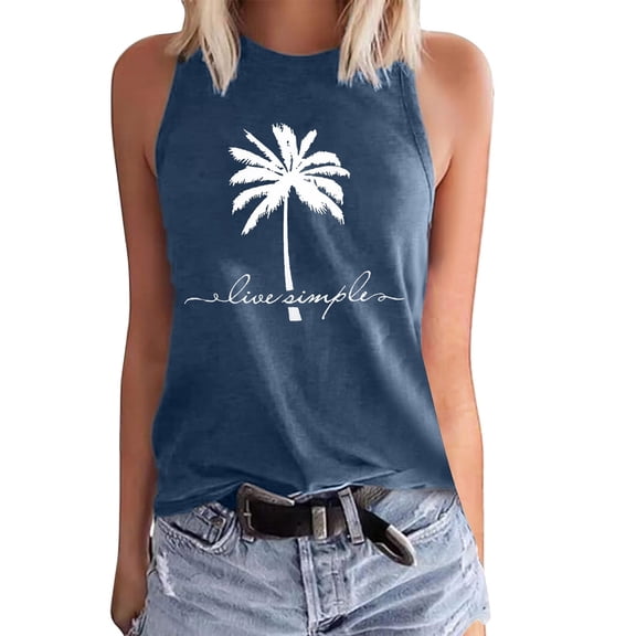 VNKIDY Womens Sleeveless Crewneck Graphic Tank Top Tree Print Casual Loose Fit Cami For Summer Beach Vacation Daily Wear Blue