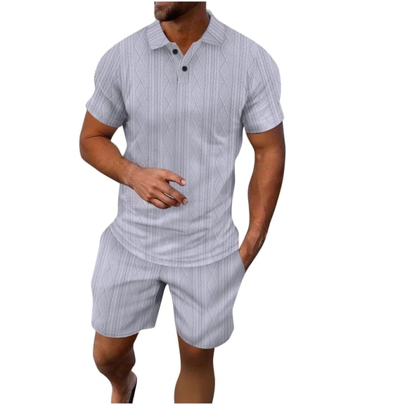 Timoontee Men's Summer Casual Breathable Tracksuits Short Sleeve Button Lapel Hollowed Out Shirts and Elastic Waist Shorts Solid 2 Piece Outfits for Daily Wear Gray M