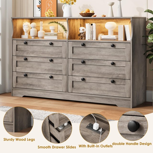 EDTara 55 Inch Large Wooden Dresser with 6 Drawers & LED Lights - Multi-Functional TV Stand for Bedroom, Power Outlet, Wide Storage Cabinet
