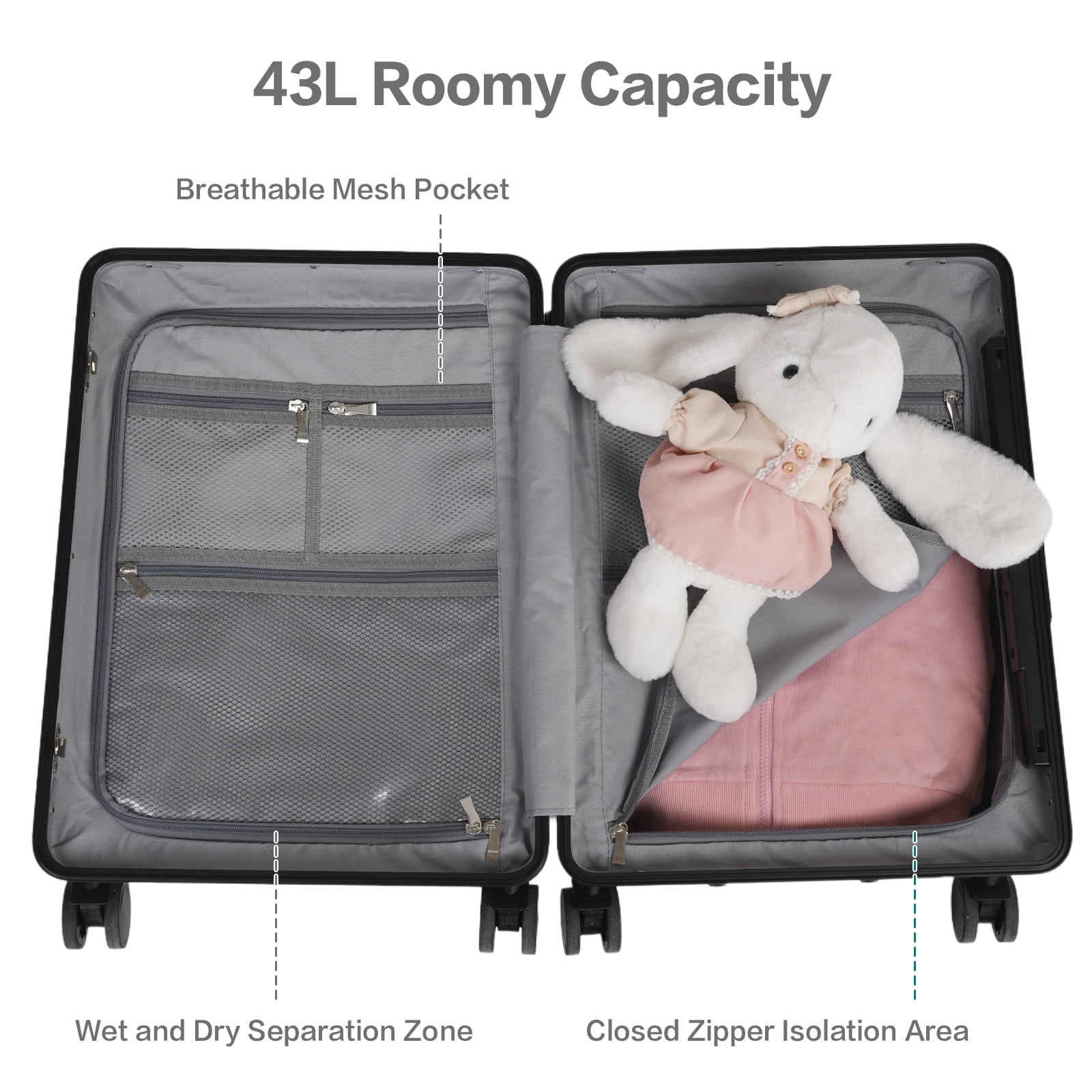 Advwin 20" Carry on Luggage with Seat for Kids, Hardside Lightweight Ride on Suitcase with 4 Spinner Wheels & TSA Lock for Travel, Black