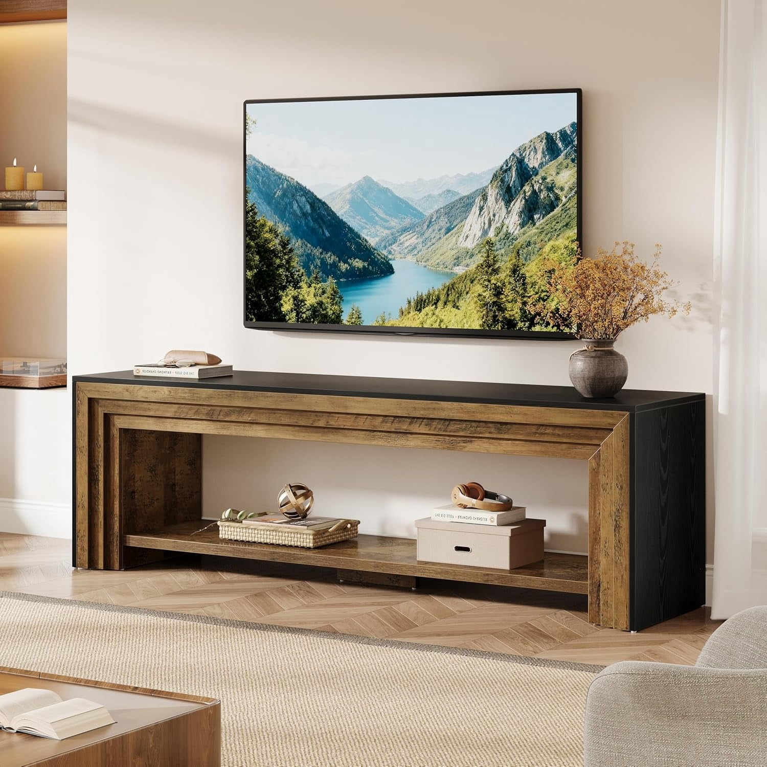 Tribesigns 70" TV Stand for 65/75/80-Inch TVs, Farmhouse Long Entertainment Center with Open Storage Shelves, Bedroom, Rustic Brown & Black