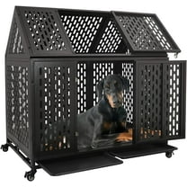Ufyerutg 45'' Indestructible Heavy Duty Dog Crate, Escape Proof Strong Steel Impact Pet Cage for Large Medium Dogs, High Anxiety Sound Proof Chewproof Kennel Double Door with Trays and Wheels