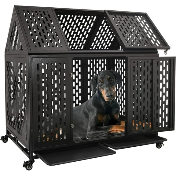 Ufyerutg 45'' Indestructible Heavy Duty Dog Crate, Escape Proof Strong Steel Impact Pet Cage for Large Medium Dogs, High Anxiety Sound Proof Chewproof Kennel Double Door with Trays and Wheels
