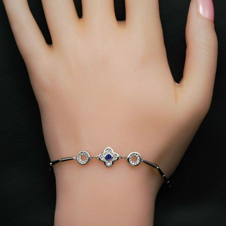 Sapphire Bag - Four Leaf Clover Design .50 Carat Round Cut Diamond and Sapphire Bar Link Bracelet in 18k Gold Over Silver