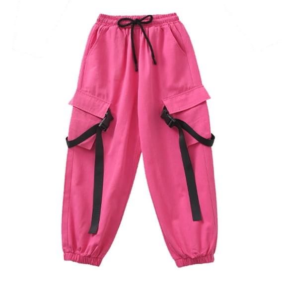 NIEWTR Little Girl's Cargo Pants High Waist Loose Pants Kids Fashion Baggy Trouseres Y2K Parachute Pants for Fall and Winter (12-14 Years,A02-Hot Pink)