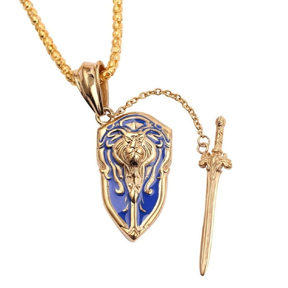 PikaLF Sword Shield Pendant Necklace for Men, Viking Lion Pendant Necklace with 23.6” Chain, Cool Lion Totem Necklace, Punk Hip Hop Lion Signet Necklace, Amulet Pendant, Gothic Jewelry Gift for Men