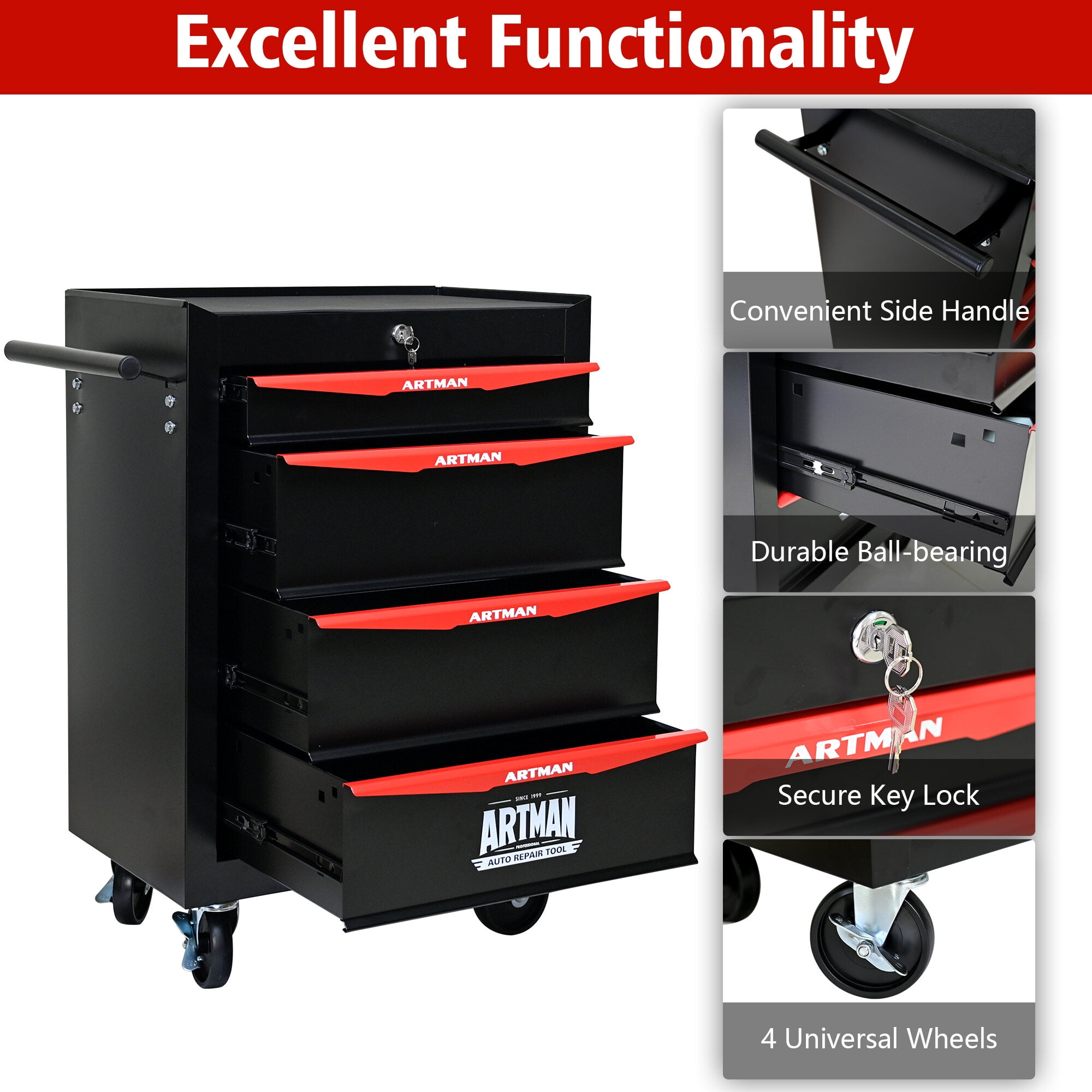 20" Rolling Tool Chest with 4 Drawers - Black & Red Steel Tool Cabinet with Ball Bearing Slides & Locking Wheels