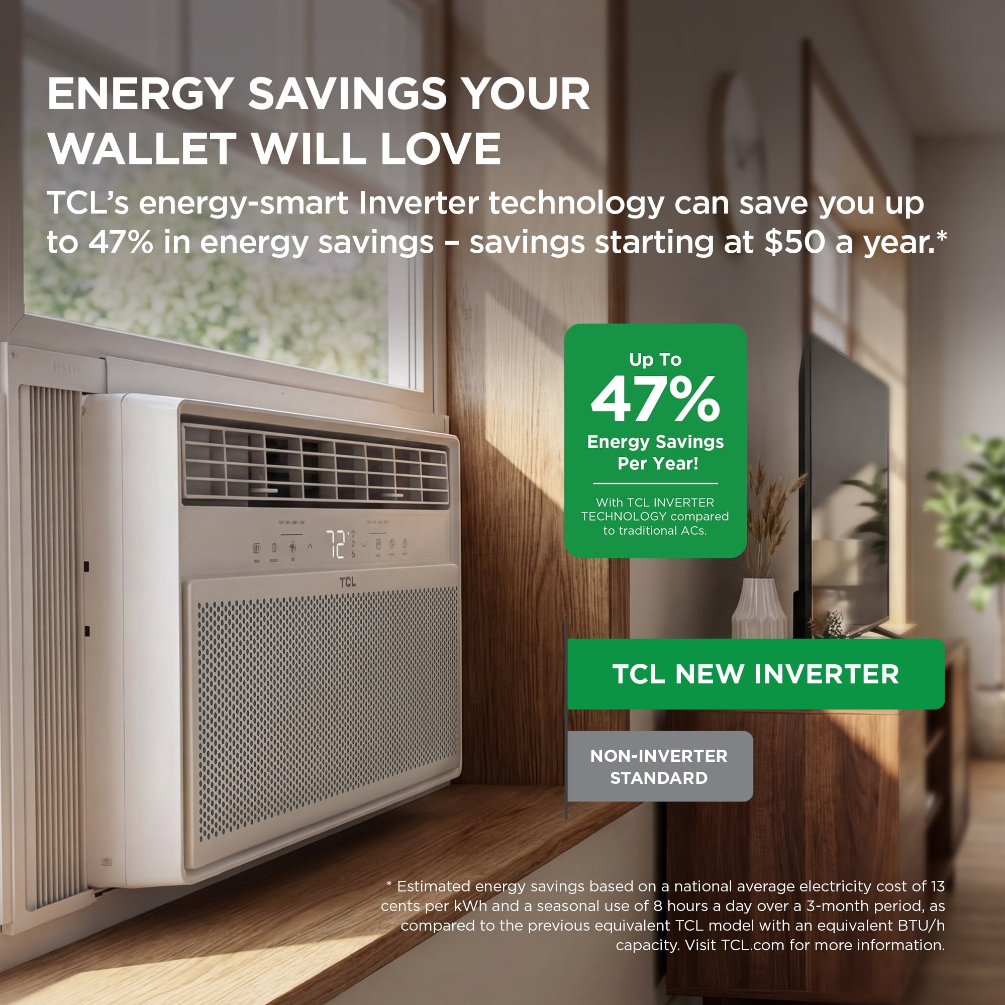 TCL 12,000 BTU Smart Inverter Window Air Conditioner (White) - 550 Sq ft with up to 47% Energy Savings, Quiet Cooling Tech, 3-in-1 Cooling, Fan & Dehumidifier, Matter Wi-Fi, Remote Control - W12WC72