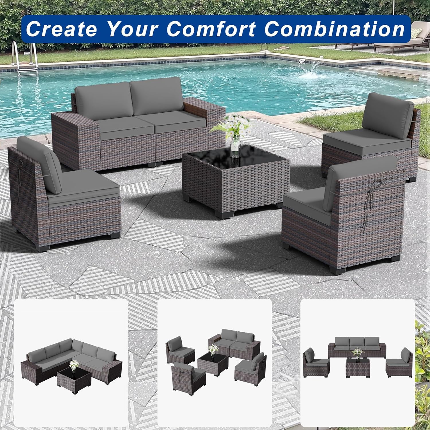 ASJMR 6 Pieces Patio Outdoor Furniture Set All-Weather Rattan Wicker Conversation Outside Sectional Sofa Chair Set With Cushions & Coffee Table,Gray