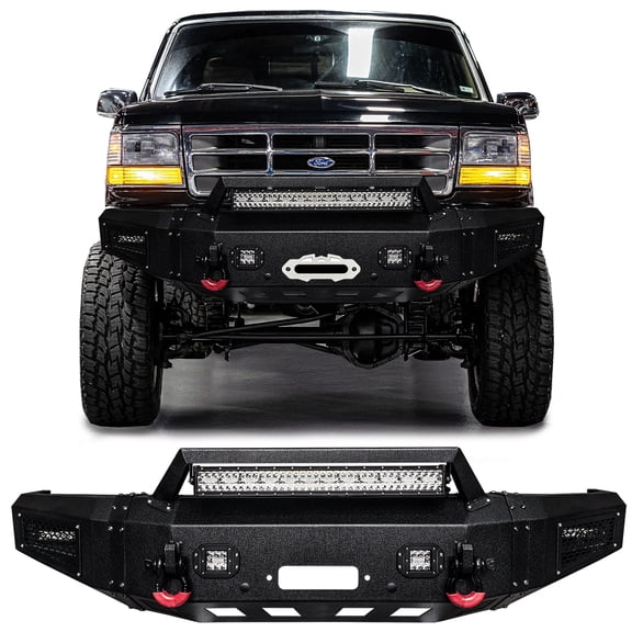 Vijay Compatible with 1992-1993-1994-1995-1996-1997 Ford F150 F250 F350 Front Bumper Textured Black Steel with Light and D-ring
