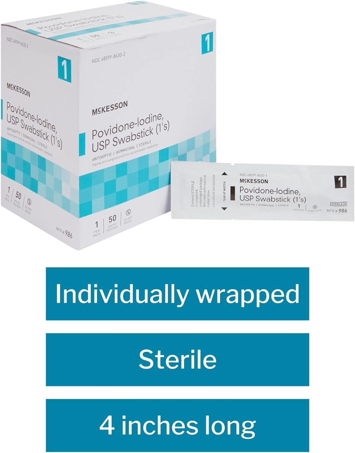 McKesson Select Impregnated Swabstick Individual Packet, 10% Povidone-Iodine Cotton Swabs, Case of 500 Count