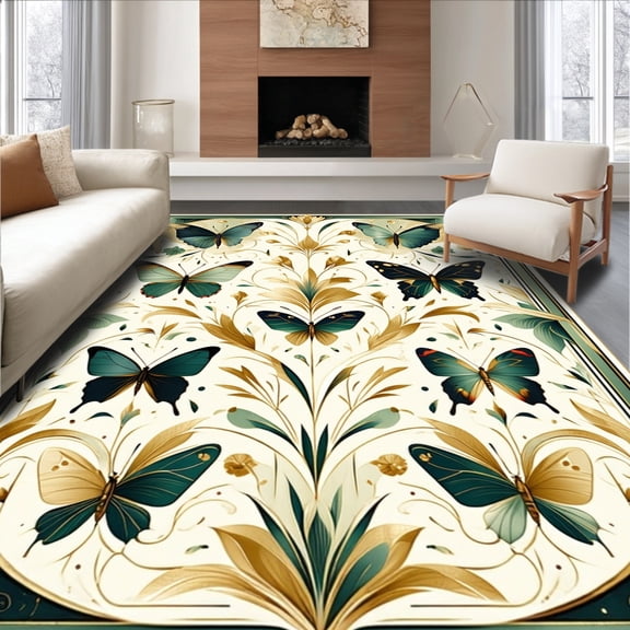 ODIKA 4'x6' Machine Washable Non-Slip Area Rug, Elegant Dance Sage Green High Traffic Rug, Beige, 154325