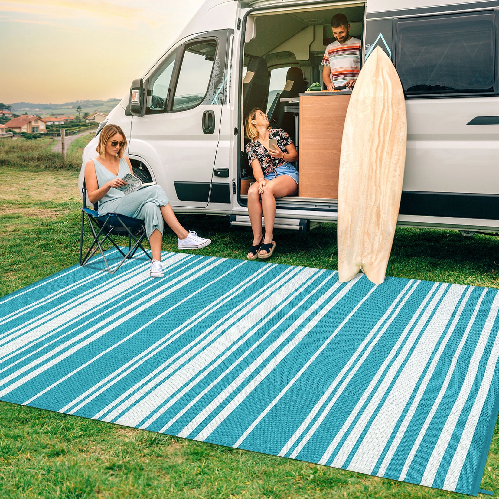 FairOnly 9'x12'Reversible Mondern Geometric Outdoor Area Rug Waterproof for RV Trip Beach Picnic,Light Blue