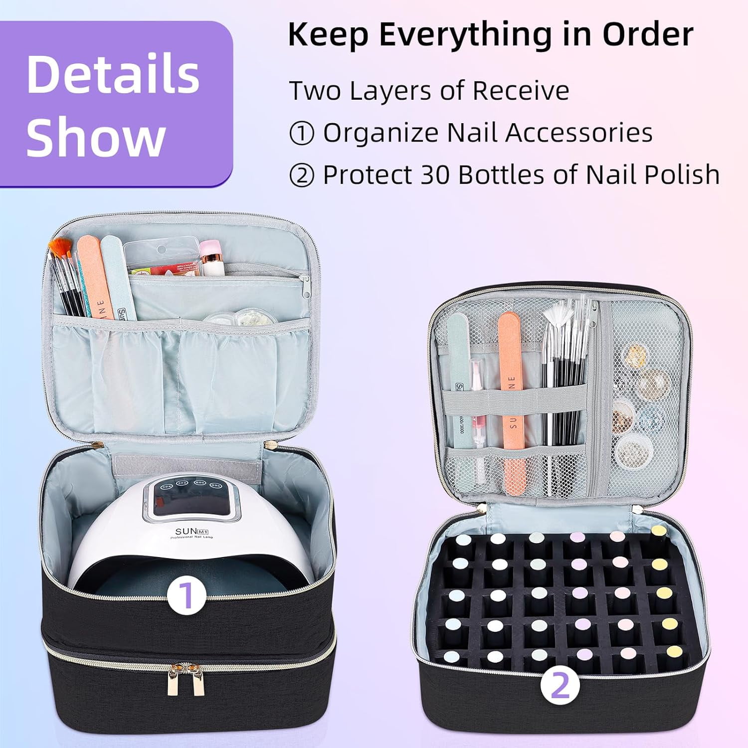 Nail Polish Organizer, Double-Layer Nail Polish Storage with Adjustable Dividers, Portable Nail Polish Bag for Nail Gel Nail Lamp and Manicure Tools Essential and Travel(Black)