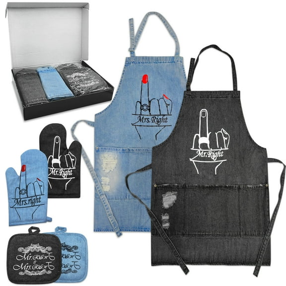 Denim Apron for for Kitchen Cooking BBQ Gardening, Mr and Mrs Aprons - Cool Bridal Shower Gifts for Bride & Groom, Wedding Gifts for Couple
