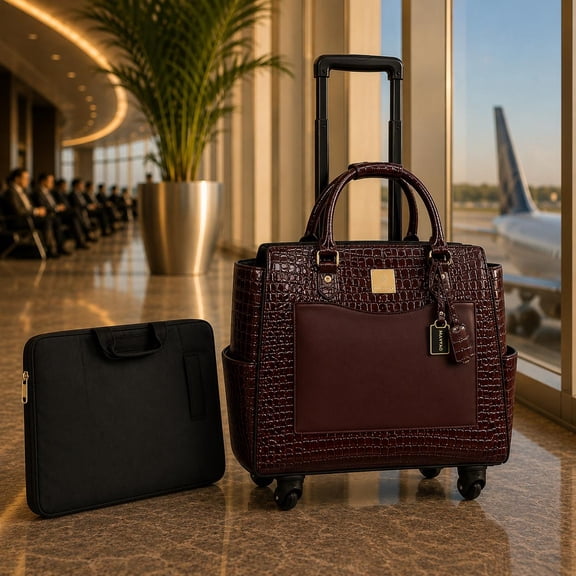Rolling Briefcase for Women with Laptop bag and Wheels - Burgundy Crocodile