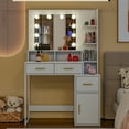thumbnail image 6 of Vanity Table with LED Lights, Makeup Vanity Set with 3 drawers and 1 cabinet & Open Shelves, Dressing Table with Mirror for Bedroom, White Vanity Desk with Storage Cabinet, Gold Handles, 6 of 7