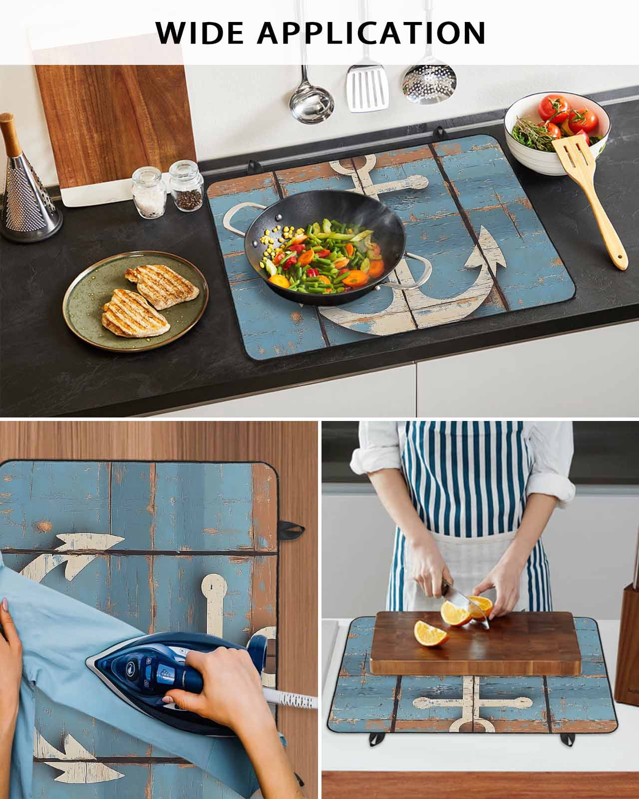 nqOlkjepod Large Induction Cooktop Protector Mat 24"x21", Vintage Beige Anchor Stove Top Covers for Electric Stove, Modern Nautical Coastal Wooden Stove Burner Cover Mats, Glass Top Stove Cover