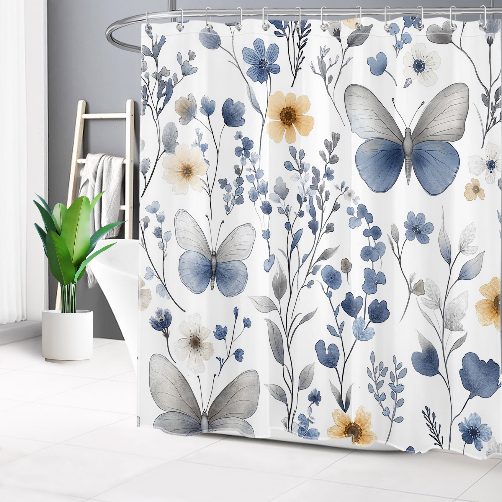 Watercolor Flowers Shower Curtain Blue Butterfly Wild Plant Sketch Bathroom Shower Curtain Modern Painting Art Home Decor Waterproof Durable Shower Curtain Accessories with 12 Hooks 72x72 Inches