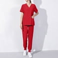 thumbnail image 2 of Jinhomg Women's Nurse Scrubs Set 2 Piece Casual Solid Scrub Suits Casual Loose Short Sleeve V-Neck Tunic Tops and Jogger Pants with Pockets Holiday Clearance Sale Red L, 2 of 7