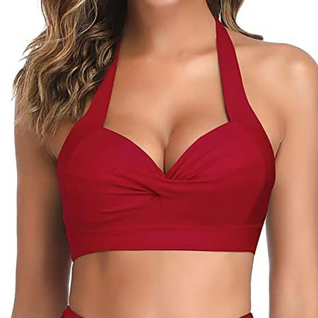 ZZWXWB Women Swimwear Women s Fashion Sexy Multi Color Swimsuit Halter Ruched High Waist Topss Red XXL