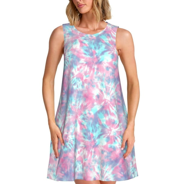 Fotbe Tie Dye Vestido de Verano sin Mangas para Mujer – Vestido Midi Línea A, Estilo Camiseta Floral, Vestido Playero Casual y Fluido