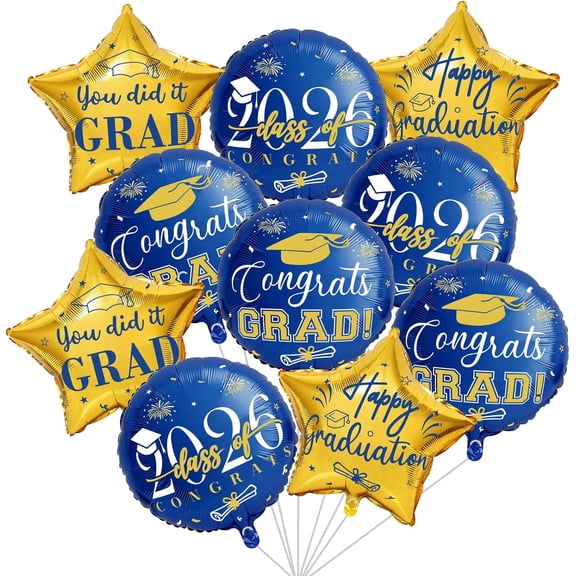 Graduation Balloons Class of 2026, 10Pcs 18" Blue Gold Congrats Grad Round Foil Balloons with 19" Star Mylar Balloons Grad Party Decorations Supplies for College High School