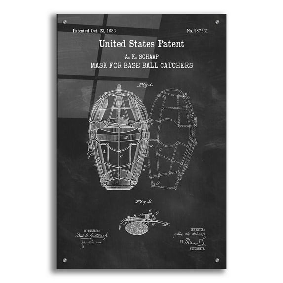 Epic Art 'Baseball Catchers Mask Blueprint Patent Chalkboard,' Acrylic Glass Wall Art, 24"x36"