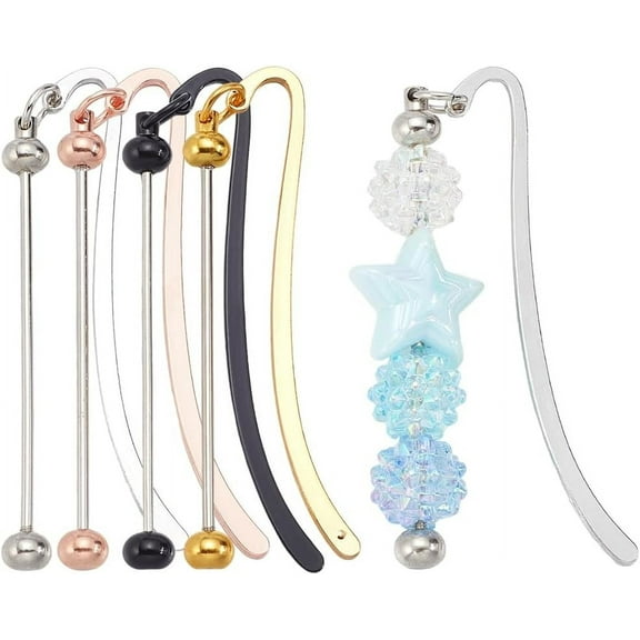 1Sets 1 Box 8Pcs 4 Colors Beaded Bookmarks DIY Metal Bead Bookmark Bulk Alloy Beadable Blank Bar Modern Pendant Charm Beading Bookmarker for Making Craft Gifts Book Student Teacher Office Supplies