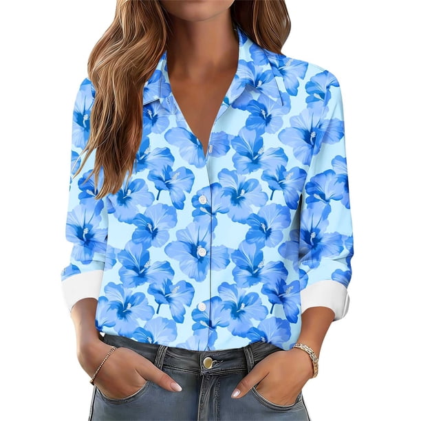 TaTaai Women's Casual Blouse Long Sleeve Button Down Shirt Floral Print Lapel Collar Soft Cotton Relaxed Fit Tunic Daily Wear Gift