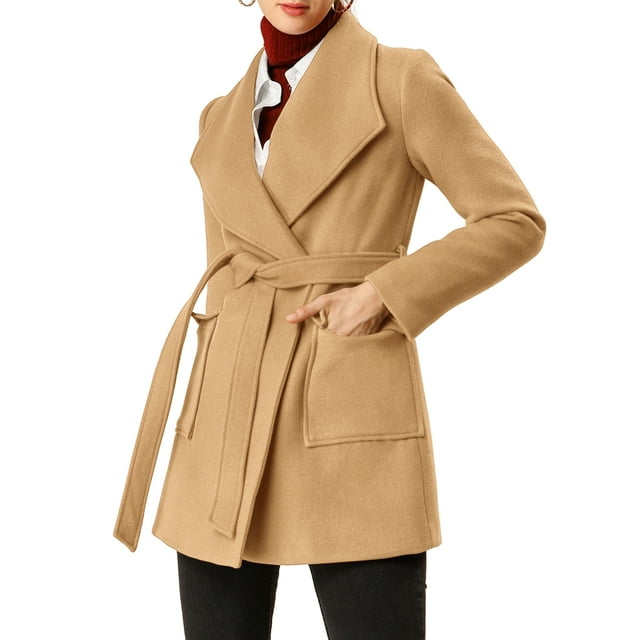Abrigo largo con cinturón y solapa elegante para mujer INSPIRE CHIC en color caqui, talla XS