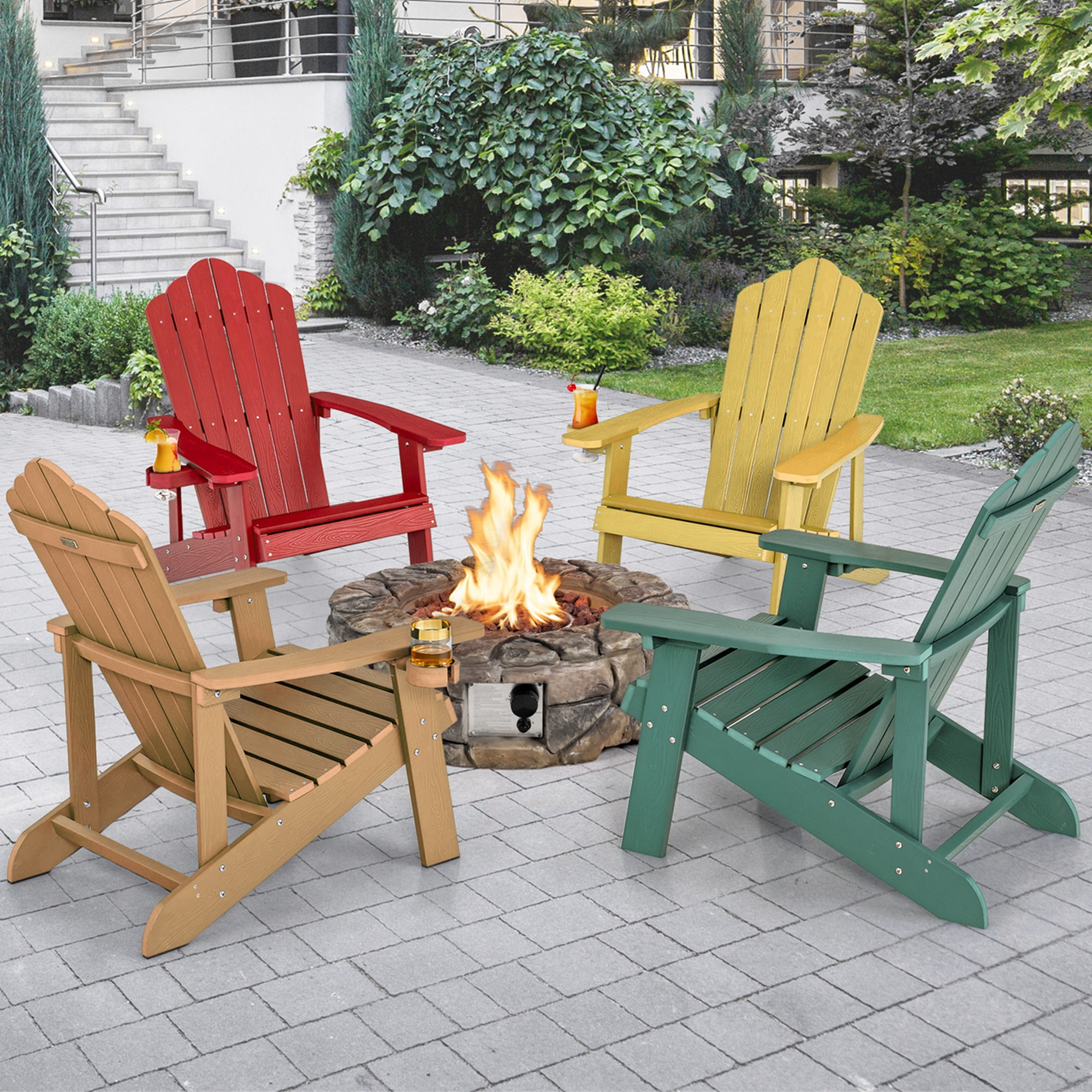 Costway Patio HIPS Adirondack Chair with Cup Holder Weather Resistant Outdoor 380LBS Yellow
