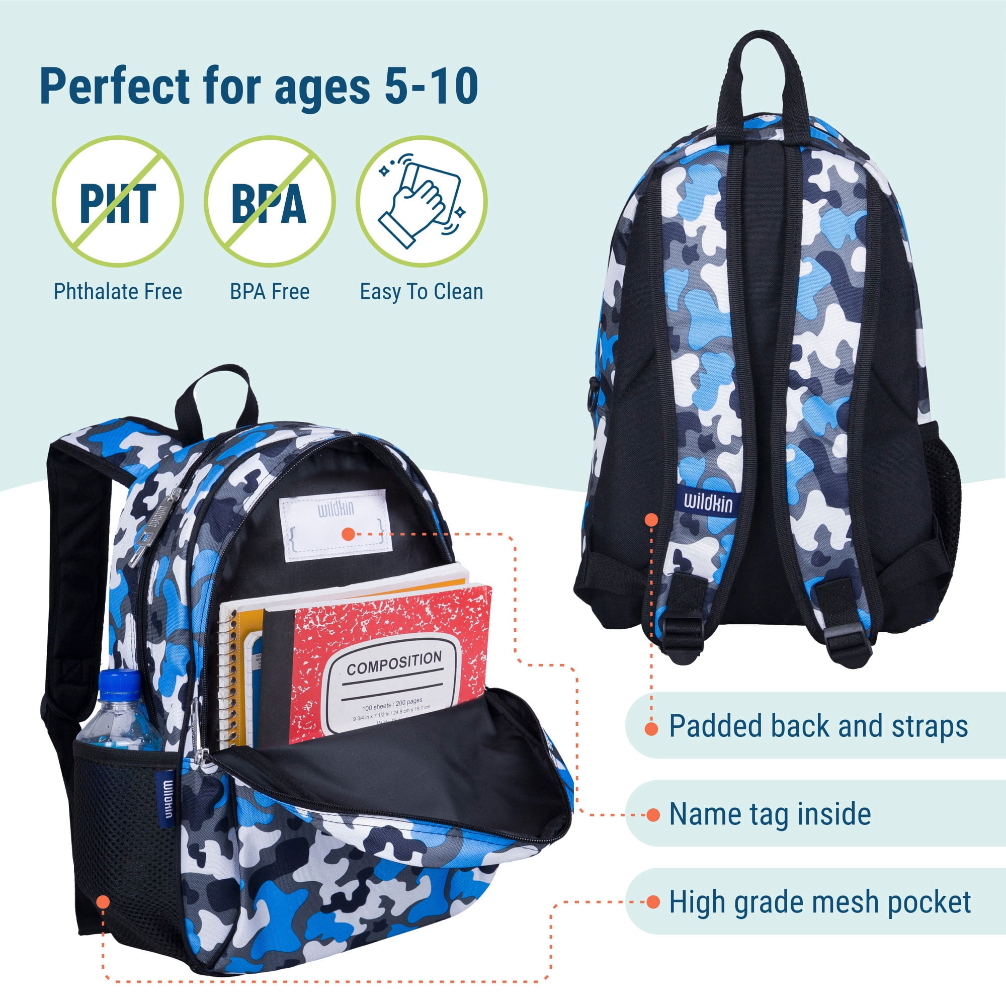 Wildkin Kids 15 Inch School and Travel Backpack for Boys and Girls (Blue Camo)