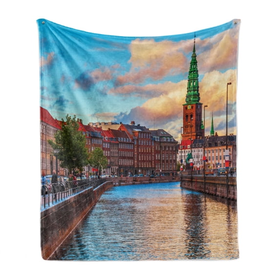 European Soft Flannel Fleece Blanket, Scenic Summer View at Sunset Copenhagen Denmark Old Scandinavian View City Europe, Cozy Plush for Indoor and Outdoor Use, 60" x 80", Multicolor, by Ambesonne