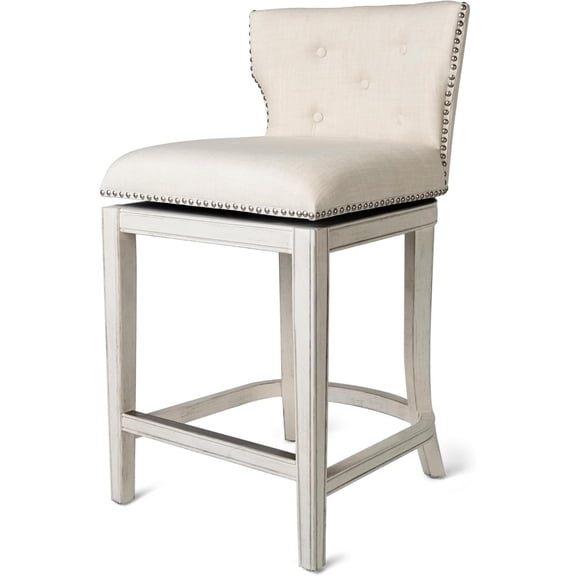 Maven Lane Hugo 26 Inch High Counter Height Barstool with Low Back in White Oak Finish with Natural Color Fabric Upholstered Seat