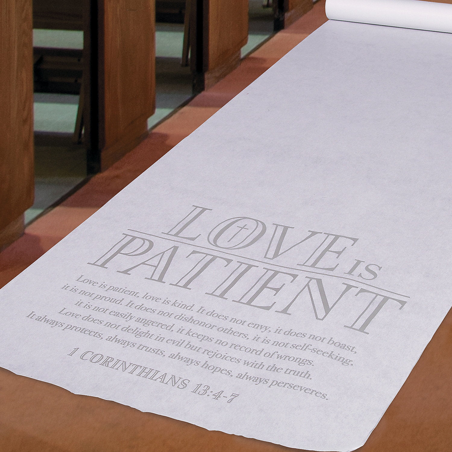 Fun Express Modern Letter Print Love Wedding Machine Made White Runner Rugs, 3' x 100', Stain Resistant