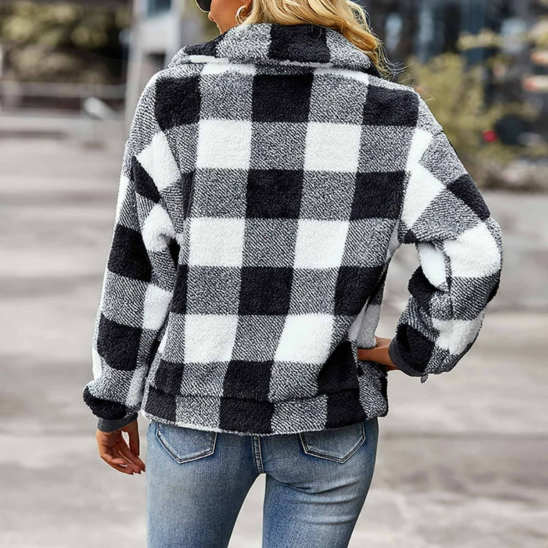 jsaierl Women s Fuzzy Fleece Jacket Casual Plaid Button Down Teddy Jacket Coat Outerwear