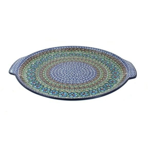 Blue Rose Polish Pottery Mardi Gras Round Serving Tray with Handles
