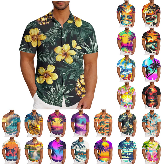 ZRGHAOYLQ Mens Hawaiian Shirts Summer Beach Palm Tree Print Shirt Plus Size Short Sleeve Button Down Shirts Big and Tall Beach Vacation Shirt with Pockets
