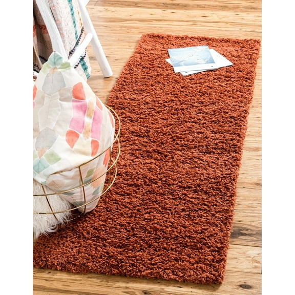 Rugs.com Solid Shag Collection Rug – 16 Ft Runner Terracotta Shag Rug Perfect For Hallways, Entryways