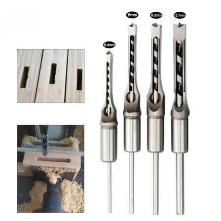 4Pcs HSS Twist Drill Bits Square Auger Mortising Chisel Drill Set Square Hole Woodworking Drill Tools Kit Set Extended Saw LT057