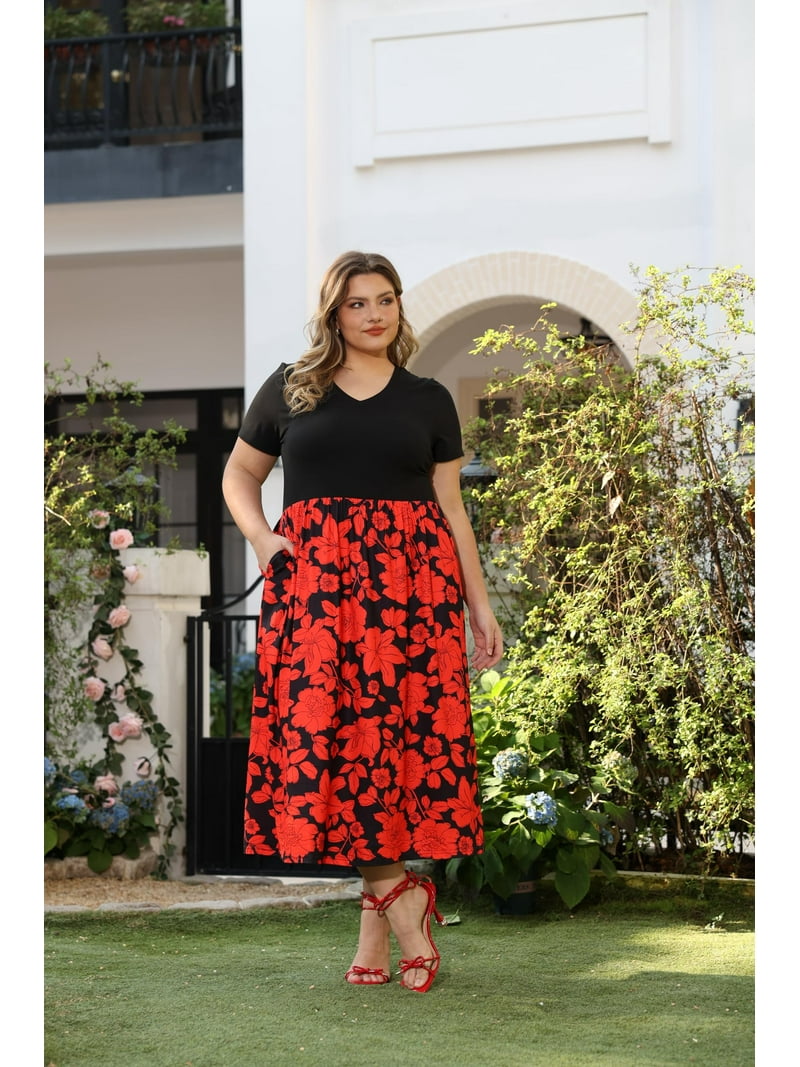 CASSIE LIZ Plus Size Dress for Women V Neck Long Patchwork Dress Casual  Black Red Floral Short Sleeve Sundress Loose Fit Spring Summer Dress with  Pocket XL 14W 16W - Walmart.com