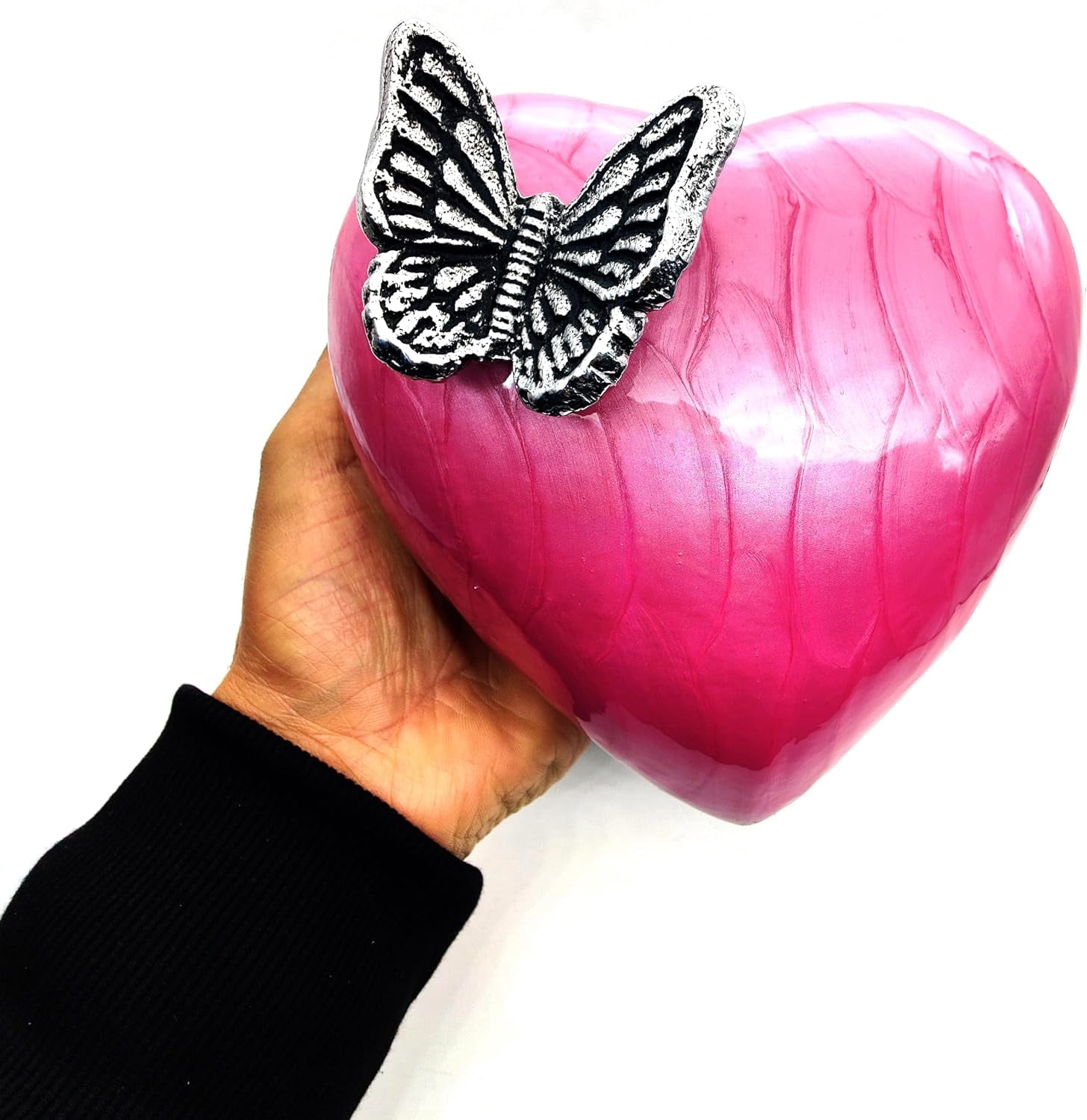 Pink Butterfly Heart Cremation Urn for Ashes with Hand Shape Stand Memorial Humans Keepsake for Women and Men