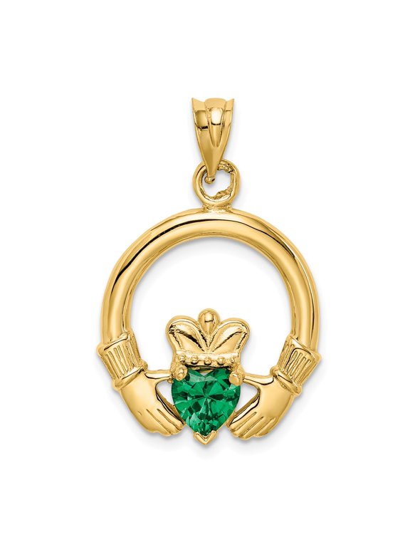 14K Yellow Gold Claddagh with Synthetic Green Stone Pendant